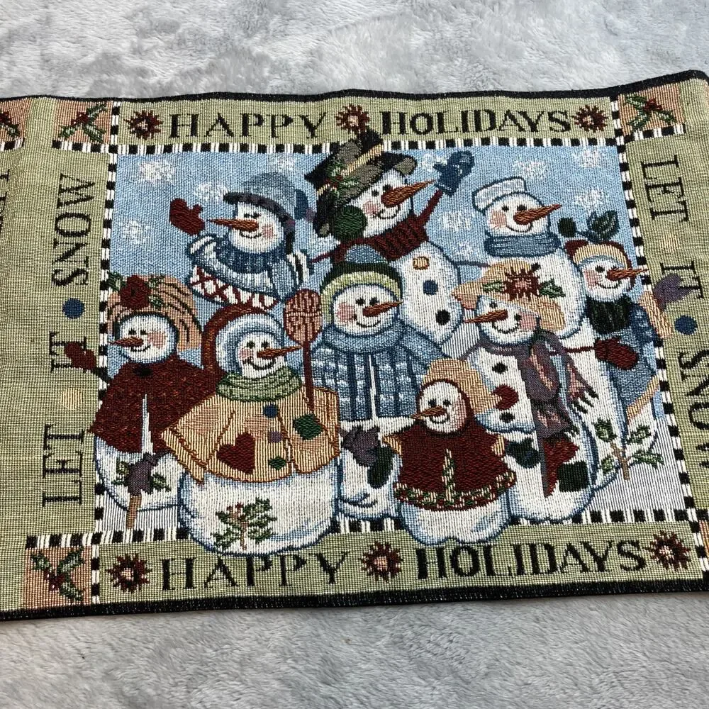 Christmas Holiday Tapestry Table‎ Runner Let it Snow Snowmen Block Print 67x12.5